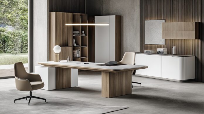 Modern office interior design. Luxury workspace. Meble gabinetowe do pracy w domu